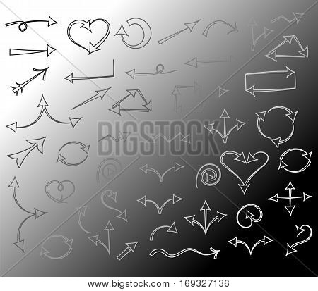Black and White Hand Drawn Arrows isolated on Monochrome Background.Sketch Style. Prefect for Design. Vector Illustration.