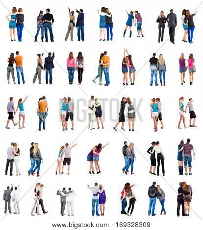 Collection Back view young couple . Rear view people collection. backside view of person. Isolated over white background. Set young people together 