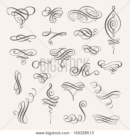 Vector set of calligraphic design elements and page decorations. Elegant collection of hand drawn swirls and curls for your design. Isolated on beige background.
