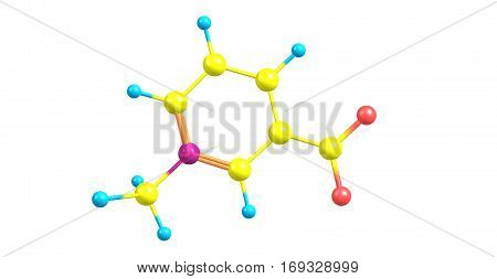 Trigonelline is an alkaloid with chemical formula C7H7NO2. It is a zwitterion formed by the methylation of the nitrogen atom of niacin or vitamin B3. 3d illustration