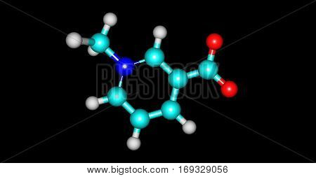 Trigonelline is an alkaloid with chemical formula C7H7NO2. It is a zwitterion formed by the methylation of the nitrogen atom of niacin or vitamin B3. 3d illustration