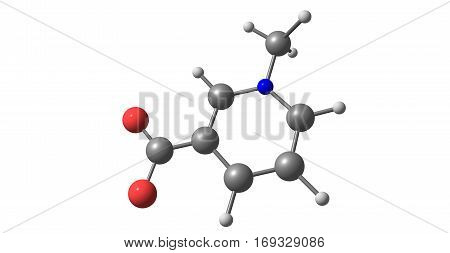 Trigonelline is an alkaloid with chemical formula C7H7NO2. It is a zwitterion formed by the methylation of the nitrogen atom of niacin or vitamin B3. 3d illustration