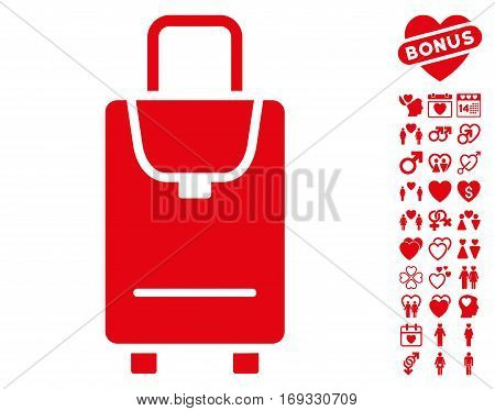 Carryon icon with bonus valentine design elements. Vector illustration style is flat iconic red symbols on white background.
