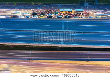 Hanoi, Vietnam - Sep 5, 2014: Aerial view of Hanoi traffic at night on Pham Hung highway