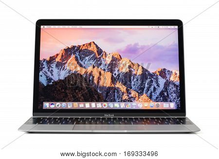 RIGA LATVIA - February 06 2017: 12-inch Macbook laptop computer isolated on white.
