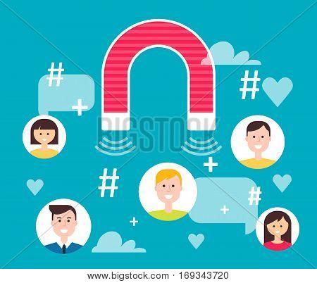 Magnet Engaging Followers. Social Media Marketing Concept. Vector Illustration