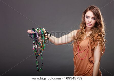 Pretty Woman With Jewelry Necklaces Ring Bracelets