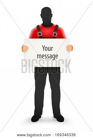 Worker man with blank sign for message in hands human silhouette black uniform holding cardboard paper. Vector illustration. Isolated white background. Protest. Boycott or strike concept