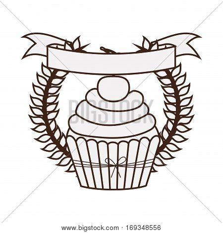 silhouette crown of leaves with cupcake with cream and cherry vector illustration