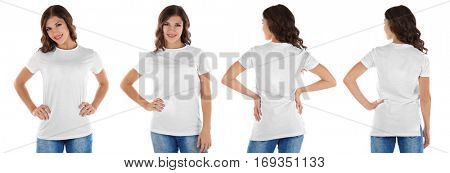 Different views of young woman wearing t-shirt on white background