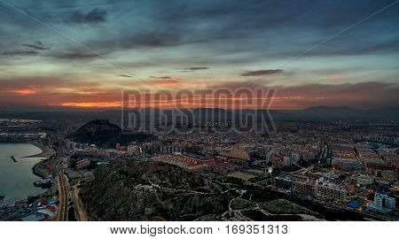 Aerial view of Alicante city at sunset. Quadcopter. Wide angle image. Costa Blanca. Spain