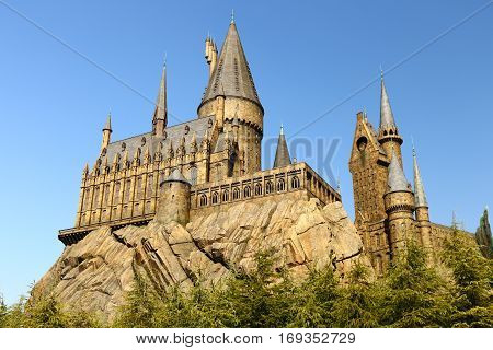 Osaka, Japan - Nov 5, 2016: The Wizarding World of Harry Potter in Universal Studios Japan. Universal Studios Japan is a theme park in Osaka, Japan.Hogwarts Castle