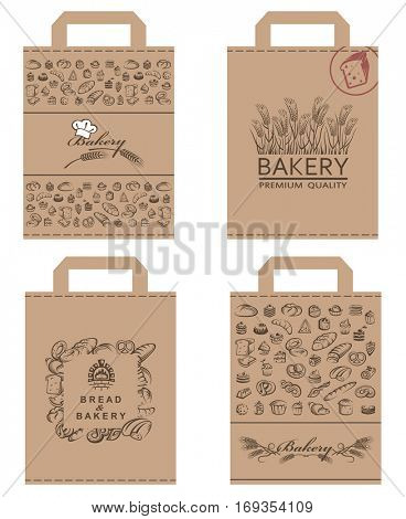 Collection of various food packages with bread and bakery products. Vector illustration