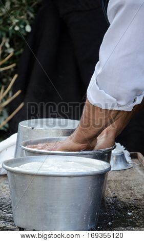 Hands of the elderly manufacturer of cheese