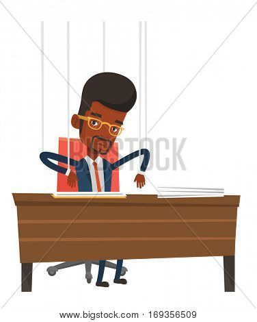 Businessman hanging on strings like a marionette. Businessman marionette on ropes sitting in office. Emotionless marionette man working. Vector flat design illustration isolated on white background.