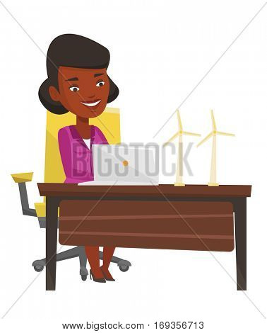 An african-american worker of wind farm working on a laptop. Engineer projecting wind turbine. Smiling worker with model of wind turbine. Vector flat design illustration isolated on white background.