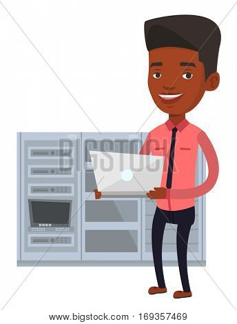 Engineer with laptop working in network server room. Engineer standing in network server room. Network engineer using laptop in server room.Vector flat design illustration isolated on white background