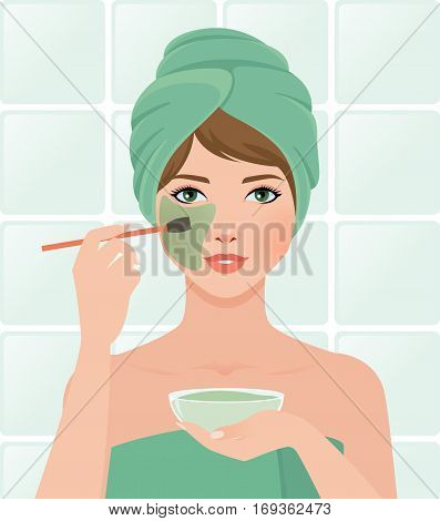 Stock vector illustration of a beautiful woman making a mask to care for the skin