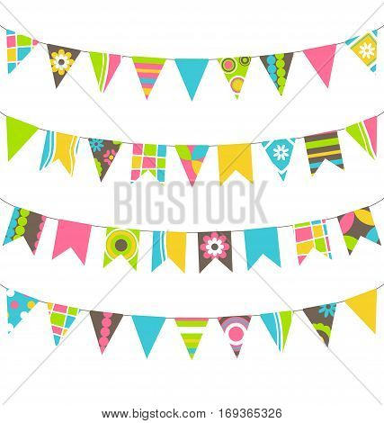 Set of multicolored flat buntings garlands flags with ornament isolated on white background