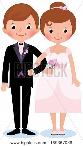 Bride and groom in a wedding dress standing arm in arm on a white background Stock vector illustration