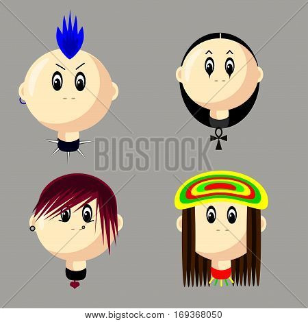 Vector set of different subcultures man icons in trendy flat style. Goth, raper, hippie, and emo fan web images.
