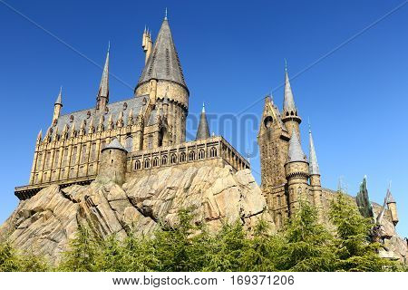 Osaka, Japan - Nov 5, 2016: The Wizarding World of Harry Potter in Universal Studios Japan. Universal Studios Japan is a theme park in Osaka, Japan.Hogwarts Castle