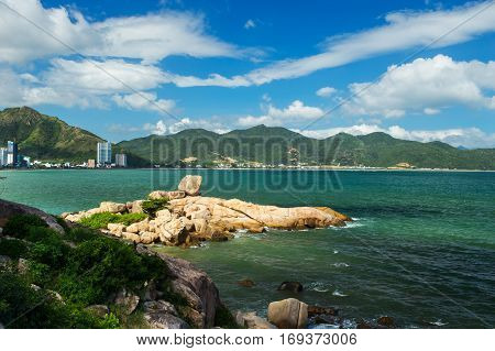 Landscapes on Hon chong cape in Nha Trang, Vietnam. Beautiful view South China Sea. Vibrant horizontal image