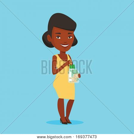 An african-american business woman holding money jar. Business woman saving money banknotes in glass jar. Business woman putting money into glass jar. Vector flat design illustration. Square layout.