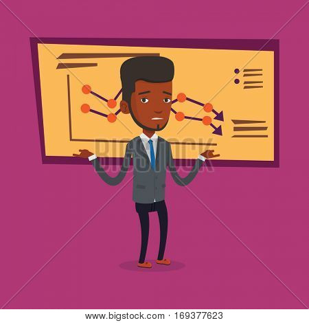An african-american bancrupt standing on the background of decreasing chart. Young bancrupt businessman with spread arms. Business bankruptcy concept. Vector flat design illustration. Square layout.