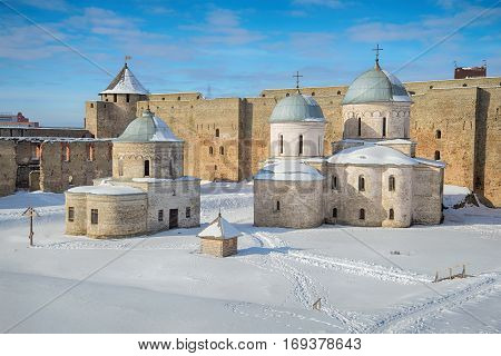 Two ancient Orthodox churches in the Ivangorod fortress. Leningrad region, Russia