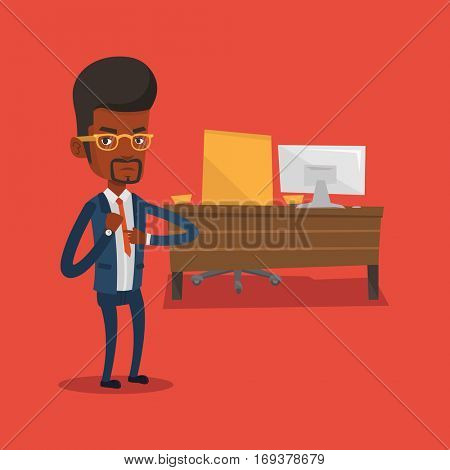 An angry african-american employer pointing at time on his wrist watch. Boss checking time of coming of latecomer employee. Concept of late to work. Vector flat design illustration. Square layout.
