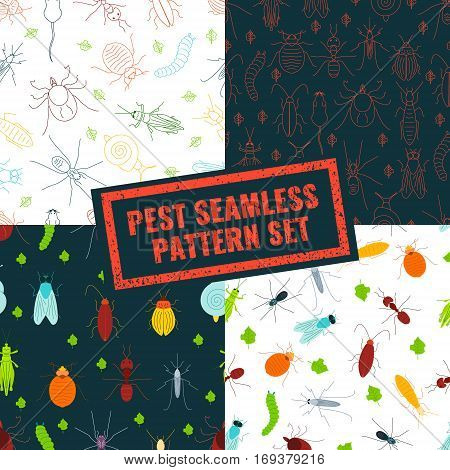 Seamless pattern set of pest insects and damaged leaves on black and white backgrounds. Parasitic beetle concept. Perfect for exterminator service companies. Vector illustration.