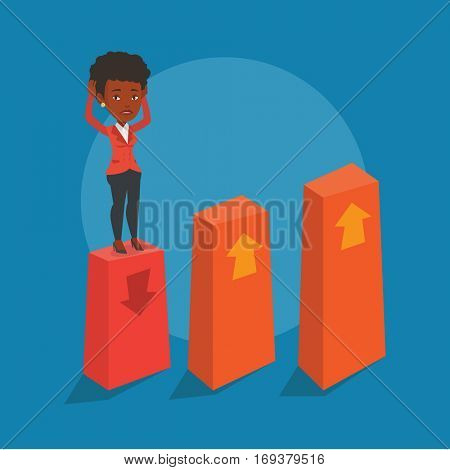 An african-american frightened bankrupt business woman clutching her head. Young bankrupt standing on chart going down. Concept of business bankruptcy. Vector flat design illustration. Square layout.