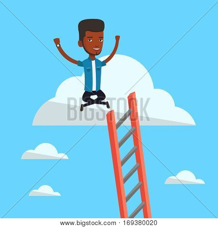 An african-american businessman sitting on a cloud with ledder. Successful businessman relaxing on a cloud. Businessman with rised hands on a cloud. Vector flat design illustration. Square layout.
