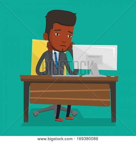 Exhausted african-american employee sitting at workplace in front of computer in office. Overworked tired employee working with his head propped on hand. Vector flat design illustration. Square layout