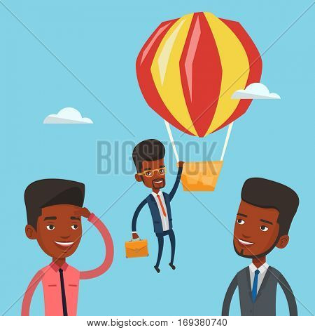 Two african-american employees looking at their successful colleague. Hardworking employee flying away in balloon from less successful colleagues. Vector flat design illustration. Square layout.