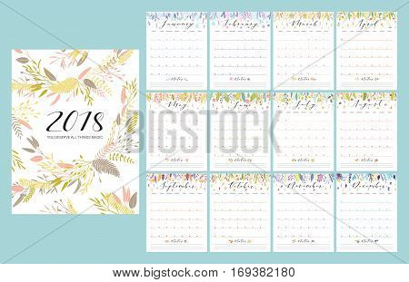 Floral bright 2018 calendar. Flower decorative elegant calendar.