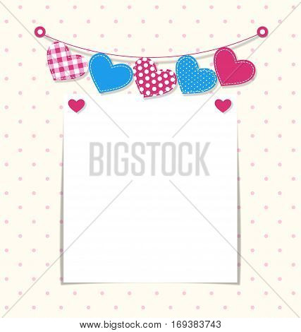 Paper frame with stitched hearts buntings garlands on white background in peas
