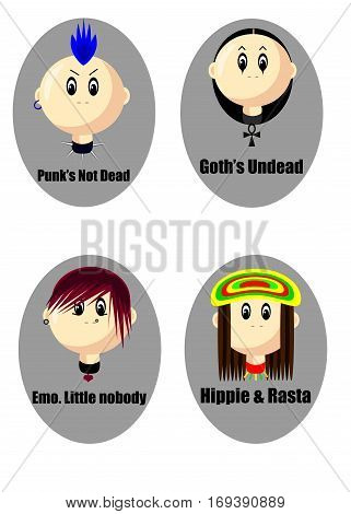 Vector set of different subcultures man icons in trendy flat style. Goth, raper, hippie, and emo fan web images. Slogans and Mottoes