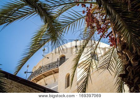 The Hurva Synagogue in Jewish quarter, Old City of Jerusalem in Israel, bottom view.