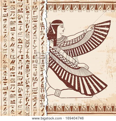 Vector illustration of Egyptian national drawing. Goddess Isis and hieroglyphs. Brown drawing on a beige background with the effect of aging.