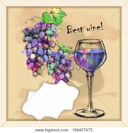 Vector card with frame and sketch of grapes, wine glass on background with watercolor spray paint for design