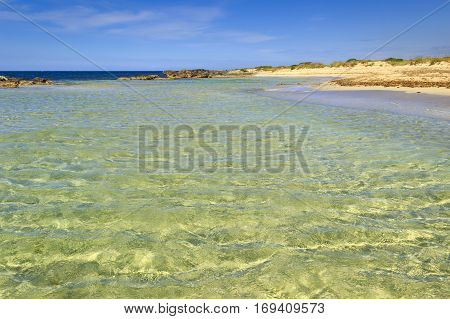 Salento coast: typical beach with sandy coves and cliffs.ITALY, Apulia. From Torre Pali to Pescoluse the shore is made of a sand washed by a so clear sea that it is called 'Maldive of Salento'.