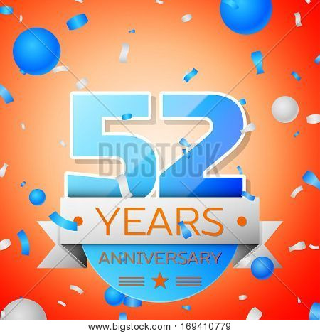 Fifty two years anniversary celebration on orange background. Anniversary ribbon