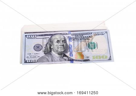 Stacks of American money isolated on white with room for your text. Serial Numbers removed. Fat Stacks of Cold Hard Cash. 