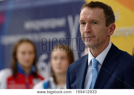 ST. PETERSBURG, RUSSIA - DECEMBER 17, 2016: Member of FINA Bureau, President of the Royal Dutch Swimming Federation Erik Van Heijningen during X Salnikov Cup. Athletes from 6 countries participated