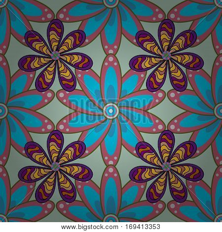 Abstract Seamless Floral Ornament With Hand-drawn Flowers With Blue And Yellow Petals On A Doodles B
