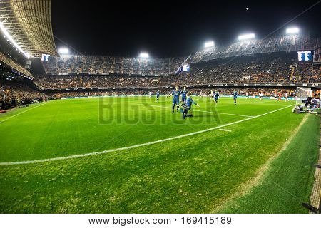 VALENCIA, SPAIN - JANUARY 3: Celta players celebrating a goal during King Cup soccer match between Valencia CF and Celta de Vigo at Mestalla Stadium on January 3, 2017 in Valencia, Spain