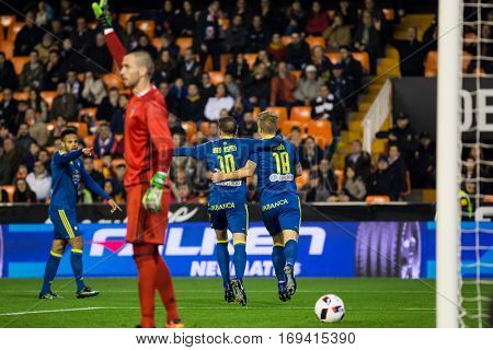 VALENCIA, SPAIN - JANUARY 3: Celta players celebrating a goal during King Cup soccer match between Valencia CF and Celta de Vigo at Mestalla Stadium on January 3, 2017 in Valencia, Spain