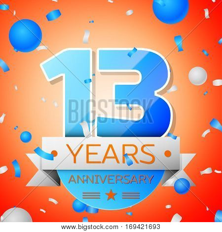 Thirteen years anniversary celebration on orange background. Anniversary ribbon